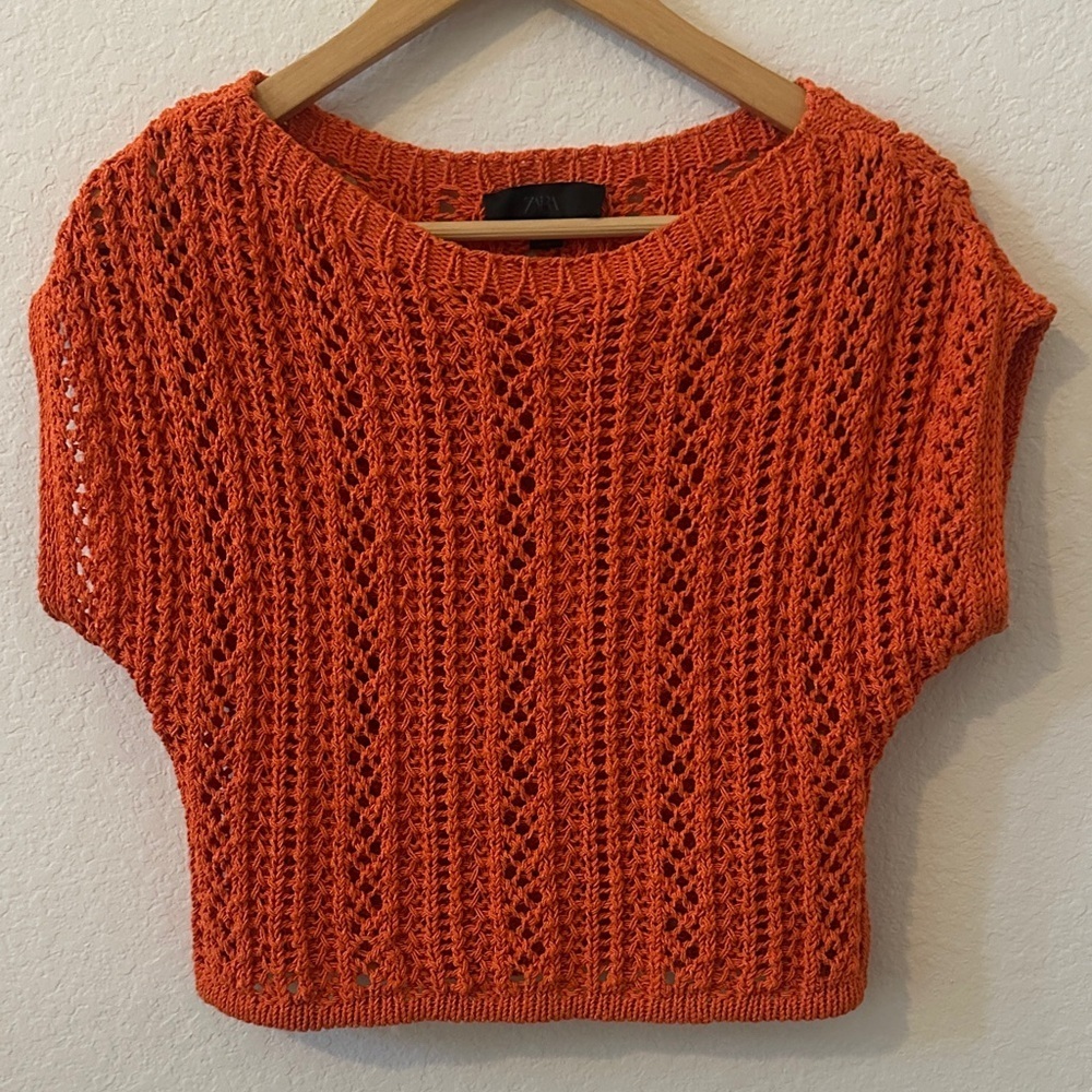 NWOT ZARA Vibrant Orange Open-Knit Cropped Sweater - Size S - Picture 3 of 6
